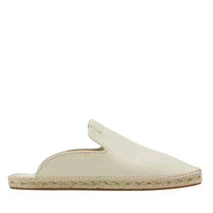 Side view of Lanvin's cream-colored Domra Leather Espadrilles with a flat sole, simple stitching, and an open heel for a chic summer look.