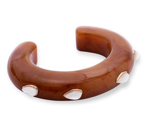 The Lizzie Fortunato Ridge Cuff With Stones features a chunky brown mocha design with white mother-of-pearl stones in gold-toned bezels, shown on a white background.