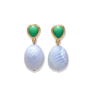 The Andalusia Earrings by Lizzie Fortunato feature green chrysoprase teardrop studs set in gold, with large carved light blue chalcedony pendants hanging below.