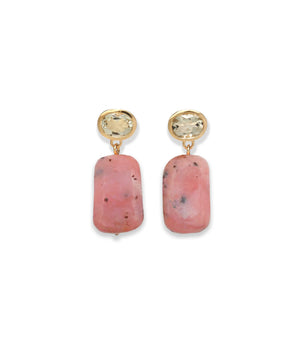 The Rosado Earrings by Lizzie Fortunato are gold-plated brass earrings with oval yellow gemstones and rectangular pink opal pendants set in elegant gold-tone metal.