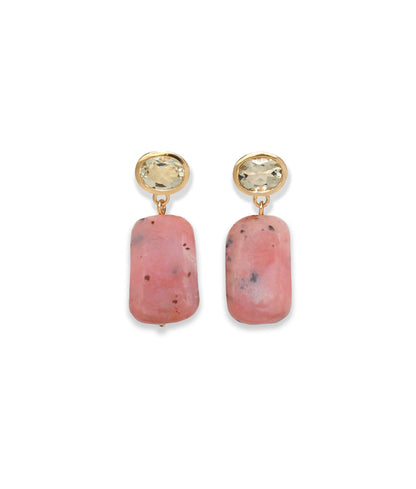 The Rosado Earrings by Lizzie Fortunato are gold-plated brass earrings with oval yellow gemstones and rectangular pink opal pendants set in elegant gold-tone metal.