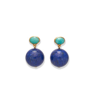 The Umbria Earrings by Lizzie Fortunato showcase small oval turquoise and amazonite stones set above larger round blue lapis lazuli beads, all crafted in gold-plated brass.