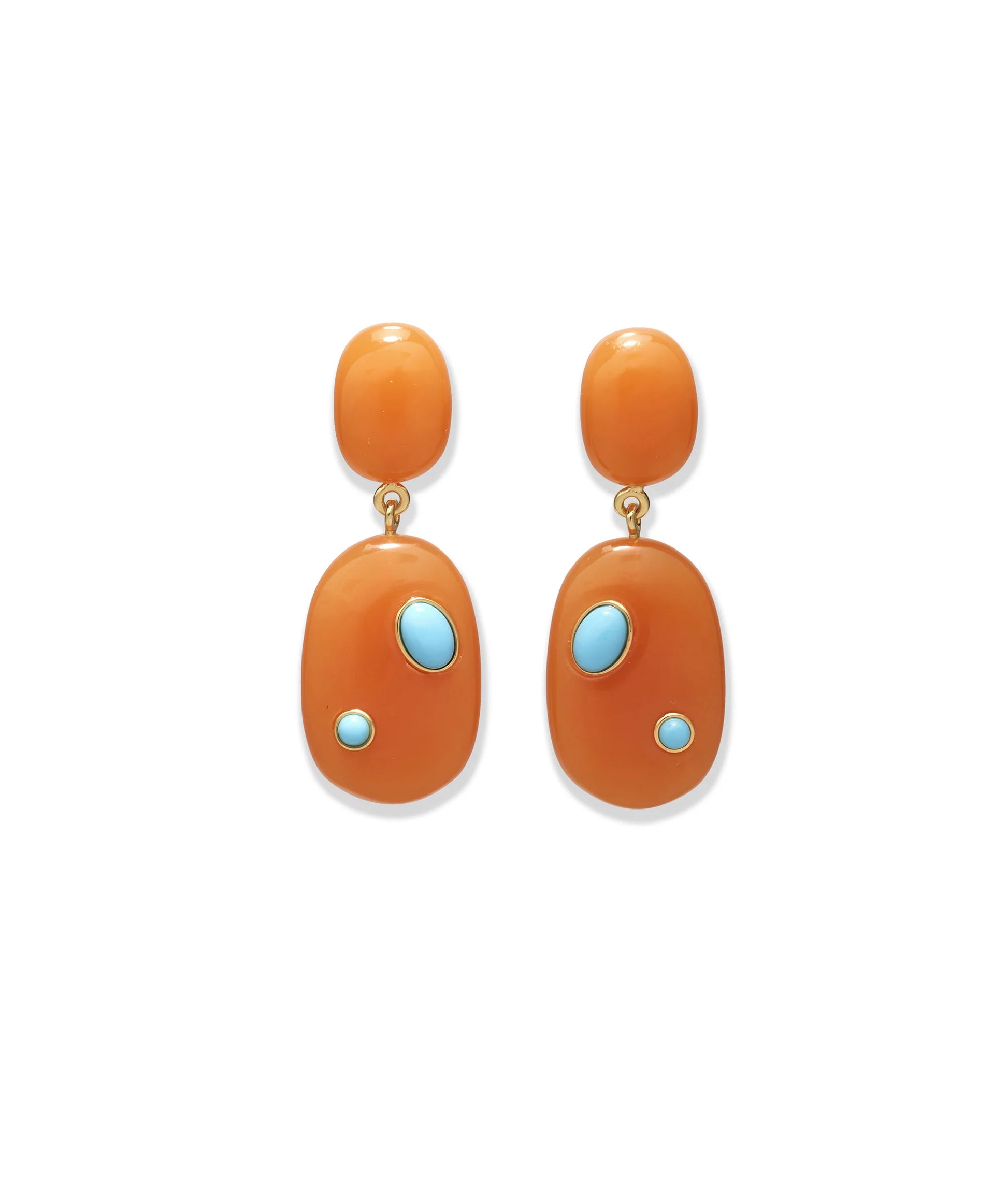 The Satsuma Earrings by Lizzie Fortunato are orange resin drop earrings with gold fittings, each adorned with two small turquoise-colored stones set irregularly.