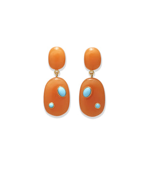 The Satsuma Earrings by Lizzie Fortunato are orange resin drop earrings with gold fittings, each adorned with two small turquoise-colored stones set irregularly.