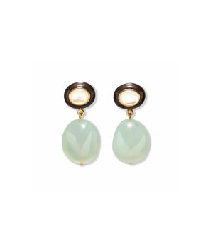 The Laurel Earrings by Lizzie Fortunato feature gold-plated oval studs with mother-of-pearl insets and large, rounded pale green chalcedony bead drops.