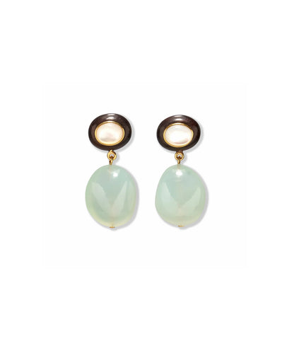 The Laurel Earrings by Lizzie Fortunato feature gold-plated oval studs with mother-of-pearl insets and large, rounded pale green chalcedony bead drops.