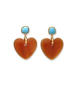 Dulcinea Earrings by Lizzie Fortunato: autumn-inspired pair with brown heart-shaped pendants on gold-plated brass links, topped with small turquoise rounded-square studs.