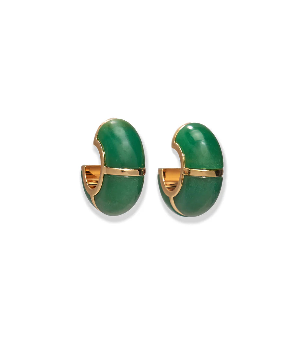 The Zellige Hoops by Lizzie Fortunato are glossy gold and green Moroccan-inspired earrings, displayed on a plain white background.