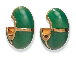 The Zellige Hoops by Lizzie Fortunato are glossy gold and green Moroccan-inspired earrings, displayed on a plain white background.