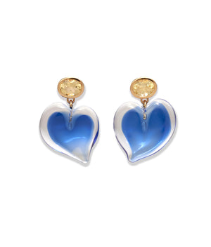 The Dali Heart Earrings by Lizzie Fortunato are gold-plated brass earrings with circular studs and dangling blue handmade glass heart charms.
