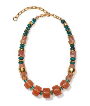 The Granada Necklace by Lizzie Fortunato features alternating large brown beads, smaller chrysocolla, and gold beads, finished with a gold chain and clasp.