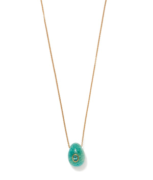The Constance Necklace by Lizzie Fortunato showcases a gold chain and a teal egg-shaped amazonite pendant with a central green topaz, elegantly displayed on a white background.
