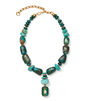 The Andamento Necklace by Lizzie Fortunato features chunky turquoise beads, gold chain links, and a rectangular turquoise pendant with a round accent.