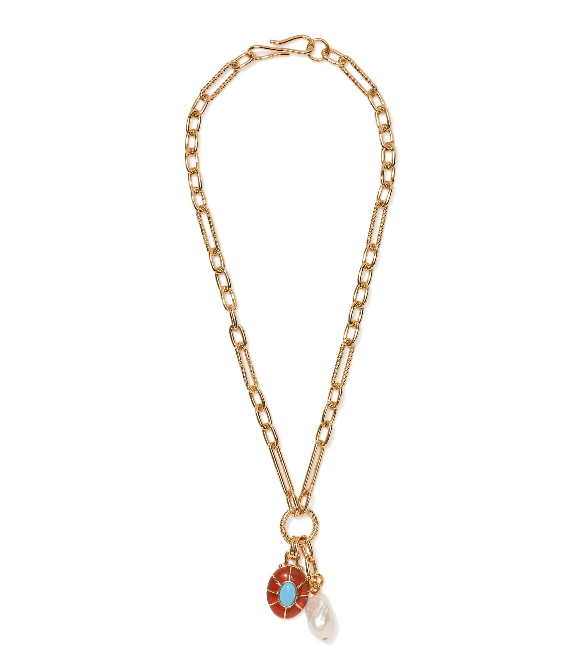 The Neroli Charm Necklace by Lizzie Fortunato features a gold-plated chain with a freshwater pearl teardrop and a round orange agate pendant with a blue center.