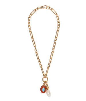 The Neroli Charm Necklace by Lizzie Fortunato features a gold-plated chain with a freshwater pearl teardrop and a round orange agate pendant with a blue center.