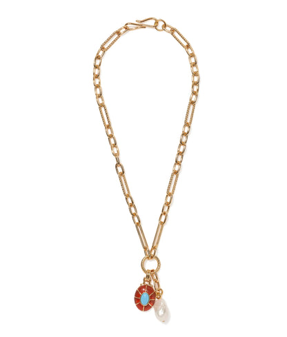 The Neroli Charm Necklace by Lizzie Fortunato features a gold-plated chain with a freshwater pearl teardrop and a round orange agate pendant with a blue center.