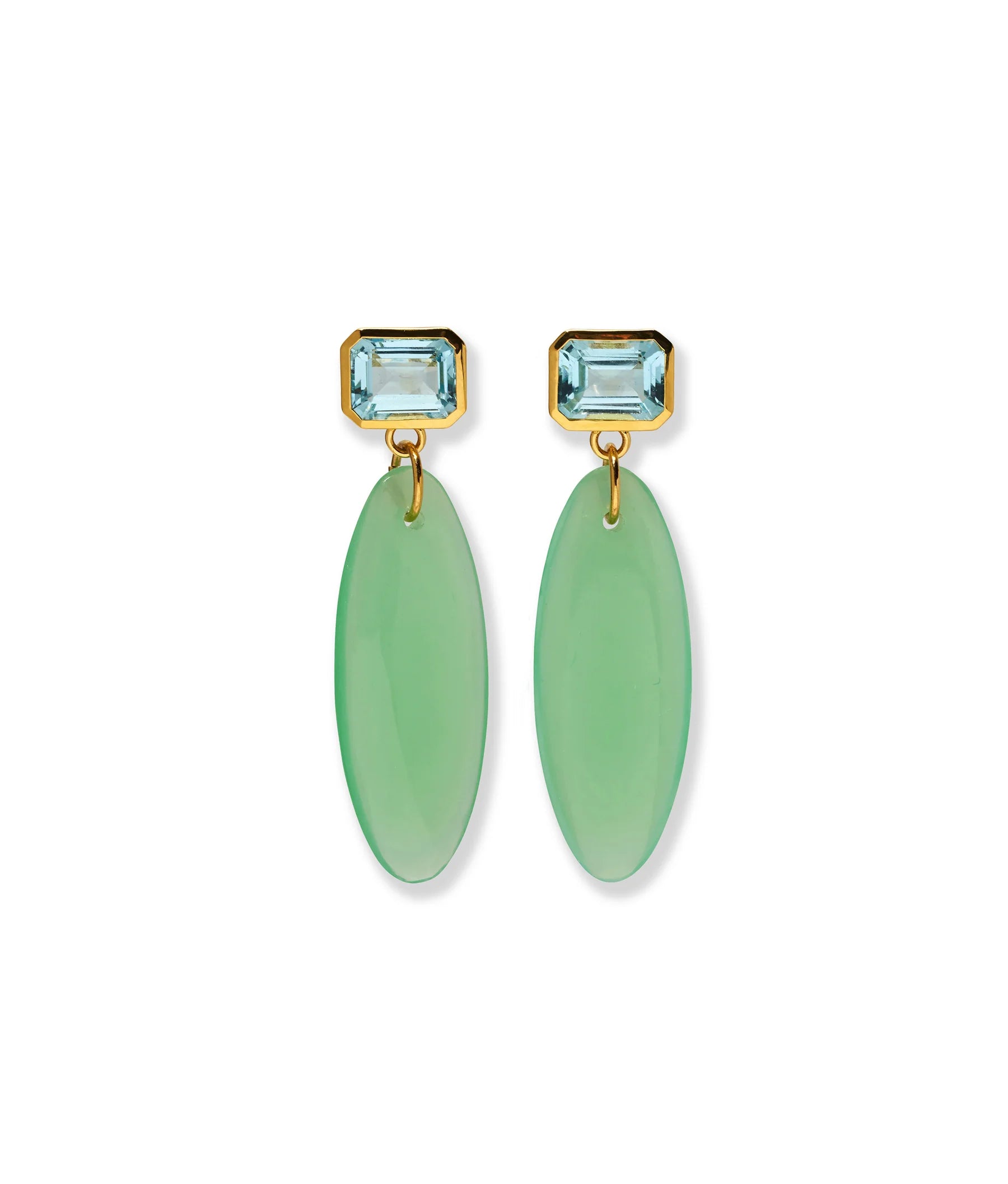 The Valery Earrings by Lizzie Fortunato feature rectangular sky blue glass stones set in gold-plated brass, adorned with long oval green Murano glass drops that hang gracefully below.
