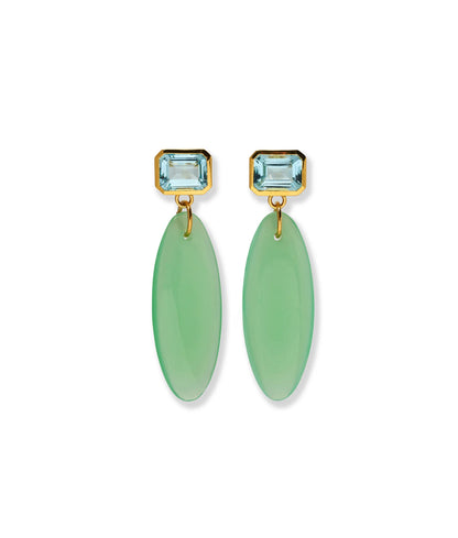 The Valery Earrings by Lizzie Fortunato feature rectangular sky blue glass stones set in gold-plated brass, adorned with long oval green Murano glass drops that hang gracefully below.