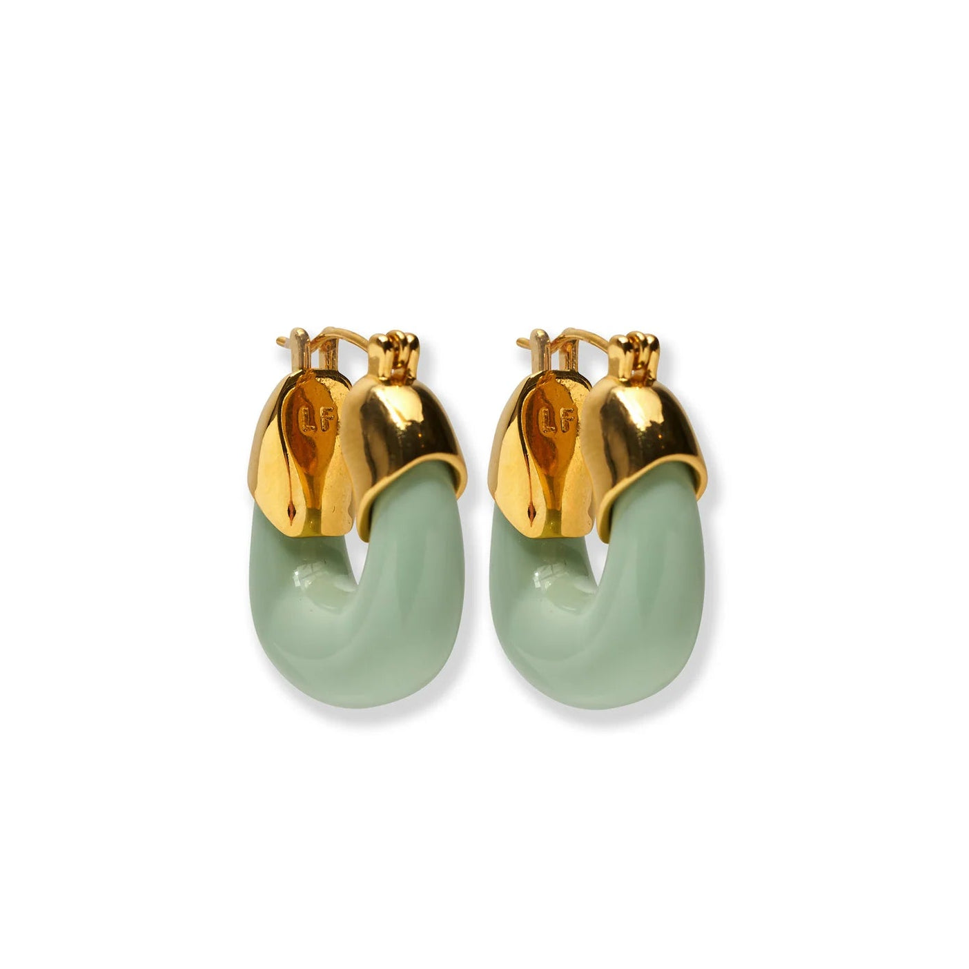 A pair of Lizzie Fortunato Organic Mini Gold Hoops, crafted from gold-plated brass with pale green accents, featuring a glossy finish, latch back closures, and a small engraved detail on the gold portion.