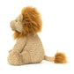 A Jellycat Fuddlewuddle Lion, Large with a light tan body and an amber mane sits on a white background, its fudge fur tail adding to its charm.