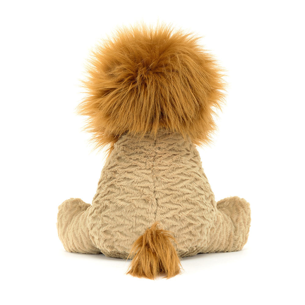 A Jellycat Fuddlewuddle Lion, Large by Jellycat is shown from the back, featuring an amber mane and tail against a beige, fuzzy body.