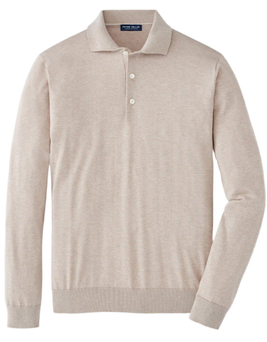 The Peter Millar Mariner Sea Island Cotton Sweater Polo is a beige long-sleeve crafted from luxurious cotton, featuring ribbed hem and cuffs with a three-button placket. This exclusive piece exudes understated elegance.