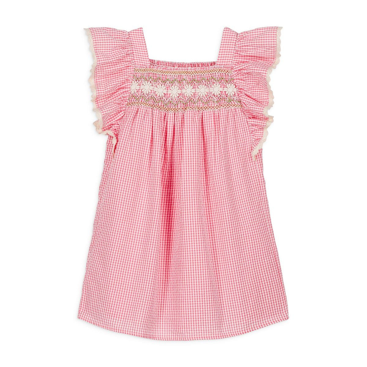 The Baby Girls' and Girls' Martine Dress by Louise Misha features a pink gingham cotton poplin design with ruffled sleeves and handmade smocked, embroidered floral detail on the bodice, shown on a white background.