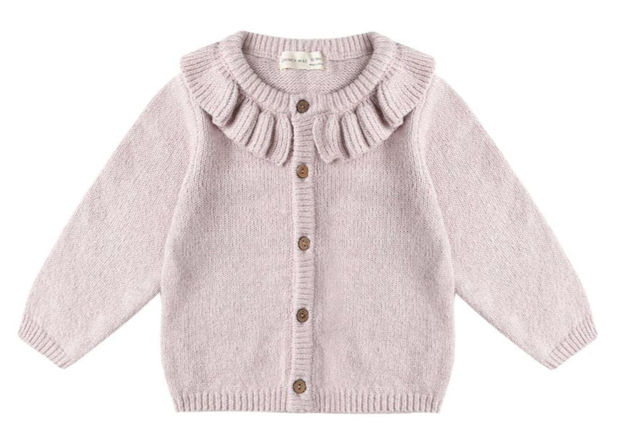 The Quincy Mae Baby Girls' and Girls' Ruffle Collar Cardigan features long sleeves, a light pink hue, coconut buttons, and is ideal for fall layering. Displayed laid flat on a white background.