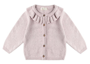 The Quincy Mae Baby Girls' and Girls' Ruffle Collar Cardigan features long sleeves, a light pink hue, coconut buttons, and is ideal for fall layering. Displayed laid flat on a white background.