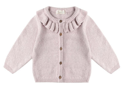 The Quincy Mae Baby Girls' and Girls' Ruffle Collar Cardigan features long sleeves, a light pink hue, coconut buttons, and is ideal for fall layering. Displayed laid flat on a white background.