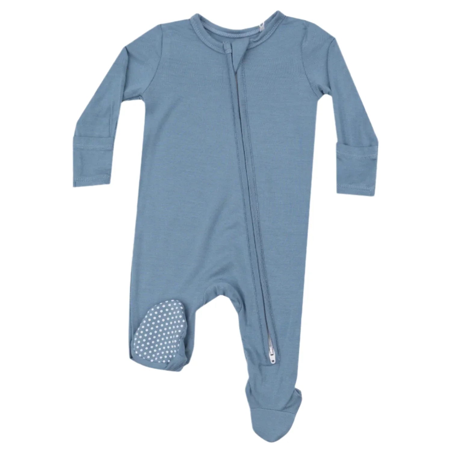 The Angel Dear Faded Denim Zip Footie by Angel Dear is a cozy baby onesie made from soft bamboo fiber fabric. It features long sleeves, a diagonal front zipper, and one foot with a textured, non-slip design, making it perfect for tiny explorers while keeping your little one snug and secure.