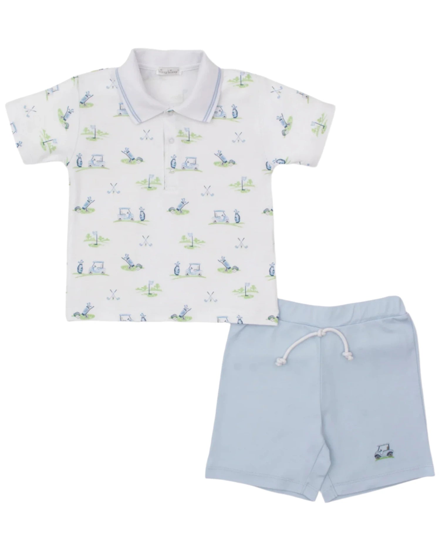 The Kissy Kissy Fairway Foursome Baby Bermuda Set by Kissy Kissy includes a white polo shirt with green and blue golf print patterns and light blue bermuda shorts with a drawstring waist.