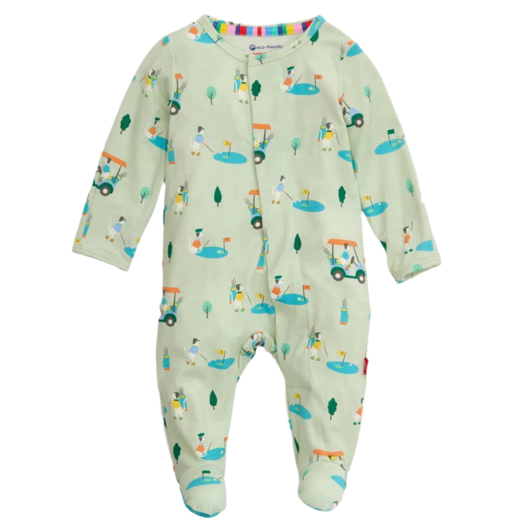 The Magnetic Me Baby Modal Footie features a light green golf print, long sleeves, covered feet, and magnetic closures for easy changes. Made from eco-friendly TENCEL™ modal that’s soft and temperature-regulating for all-night comfort.