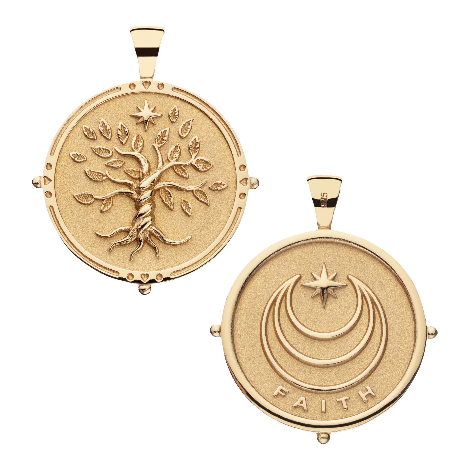 The Jane Win Pendant Necklace Collection features two round gold coin pendants: one with a tree, roots, and star, the other with three crescent moons, a star, and “FAITH” engraved—a meaningful milestone necklace.