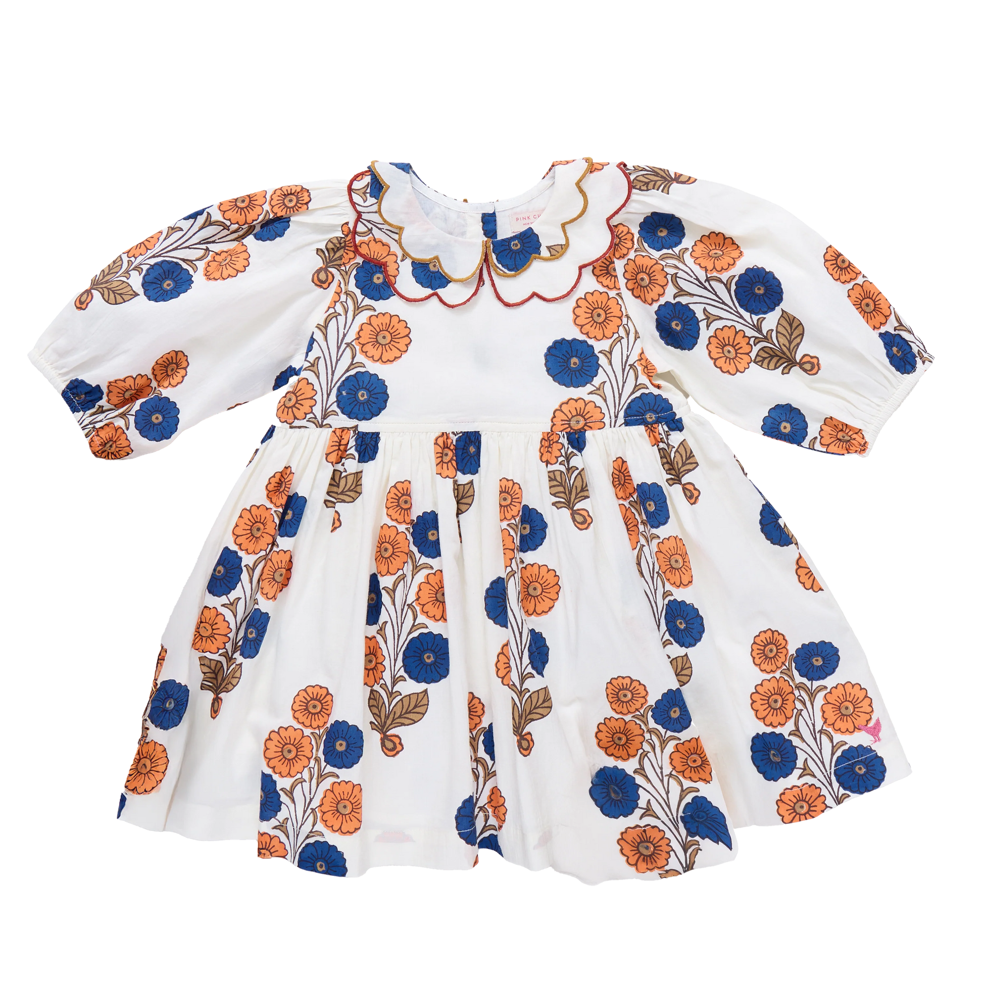 The Pink Chicken Girls' Darcy Dress features a Buttercup Floral print with puffed sleeves, a scalloped collar trimmed in red and yellow, and bright orange and blue flowers for a cheerful vintage look.