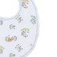 The Kissy Kissy Hedgehogs Fall Showers Printed Bib by Kissy Kissy is a white bib made from soft Pima cotton, featuring adorable drawings of hedgehogs, umbrellas, and stars in shades of green, orange, and yellow—perfect for baby mealtime.