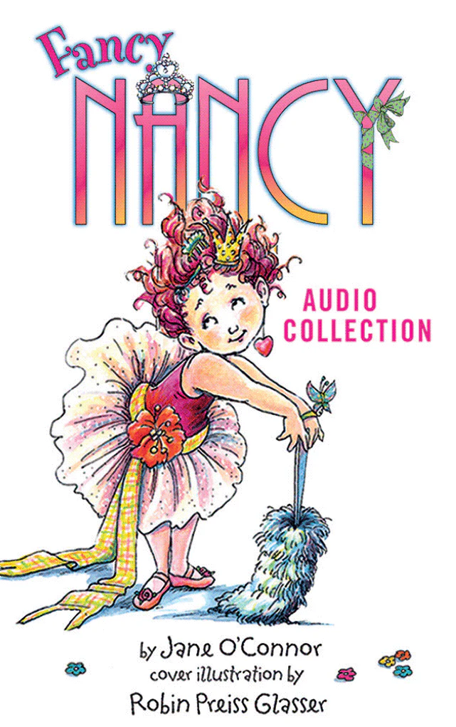 The Yoto Card: Fancy Nancy Audio Collection by Yoto features Fancy Nancy stylishly dressed in a tutu, tiara, and heart bracelet while holding a feather duster.