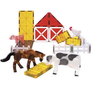 The Magnatiles Farm Animals 25-Piece Set features a red barn, magnetic fence, yellow hay pieces, and farm animals like a horse, cow, pig, and chicken from the playful MAGNA-TILES® Animal Collection.