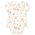 The Angel Dear Farm Babies Bodysuit by Angel Dear showcases delightful illustrations of animals and nature, such as cows, ducks, rabbits, and plants. It features a soft white background crafted from a bamboo-spandex blend for maximum comfort.