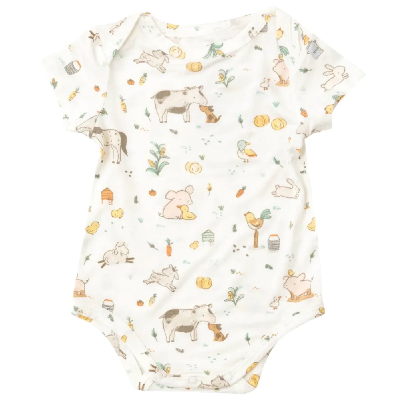 The Angel Dear Farm Babies Bodysuit by Angel Dear showcases delightful illustrations of animals and nature, such as cows, ducks, rabbits, and plants. It features a soft white background crafted from a bamboo-spandex blend for maximum comfort.