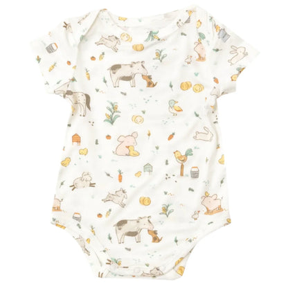 The Angel Dear Farm Babies Bodysuit by Angel Dear showcases delightful illustrations of animals and nature, such as cows, ducks, rabbits, and plants. It features a soft white background crafted from a bamboo-spandex blend for maximum comfort.