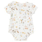 Introducing the Angel Dear Farm Babies Bodysuit from Angel Dear, a charming white baby onesie showcasing a whimsical design with animals like cows and birds, complemented by little decorative accents such as pumpkins and trees. Crafted from a soft blend of bamboo and spandex, it provides extra comfort and flexibility.