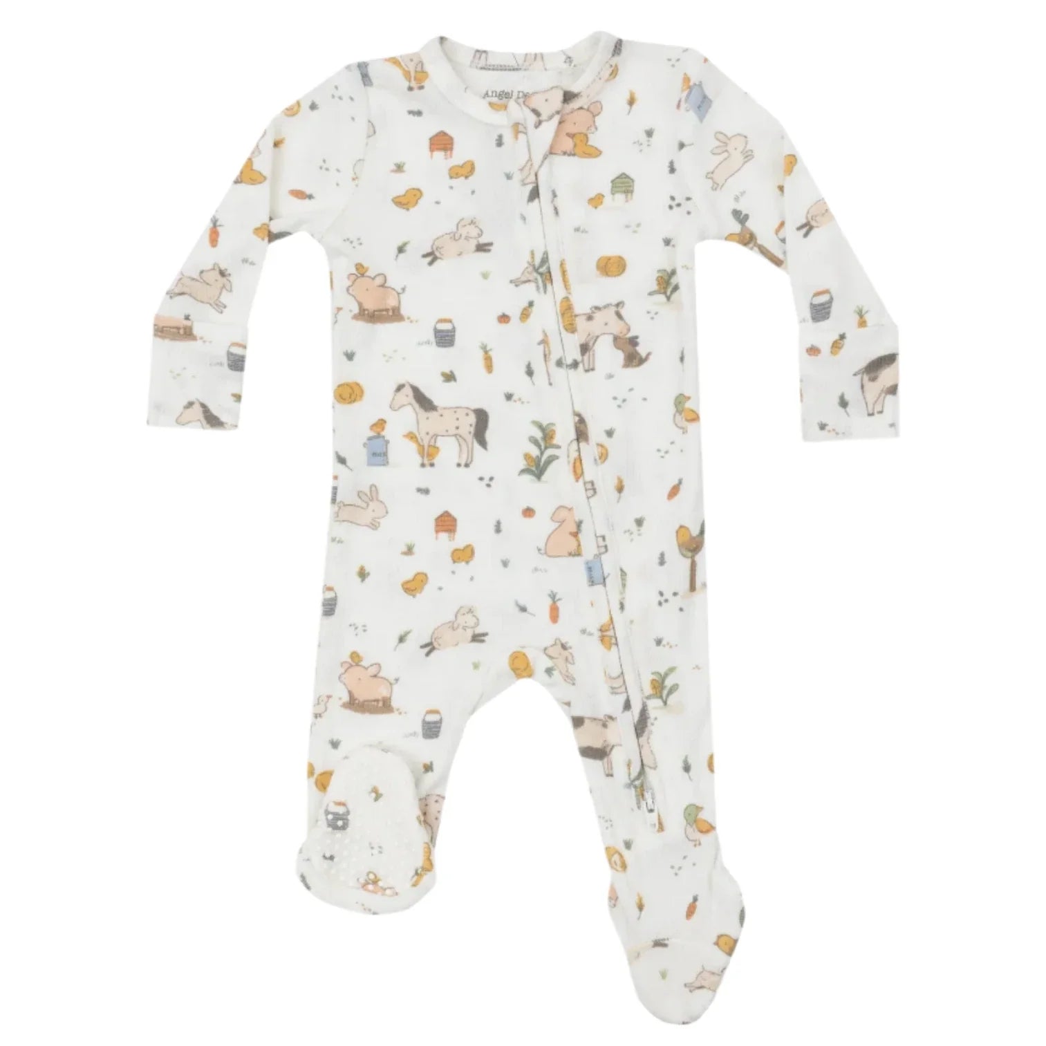 The Angel Dear Farm Babies 2-Way Zipper Footie is a white baby onesie crafted from bamboo fiber fabric, featuring a charming farm animal print with cows, bunnies, and chickens. Its cozy design helps regulate body heat and includes a convenient front zipper and footed style for maximum comfort.