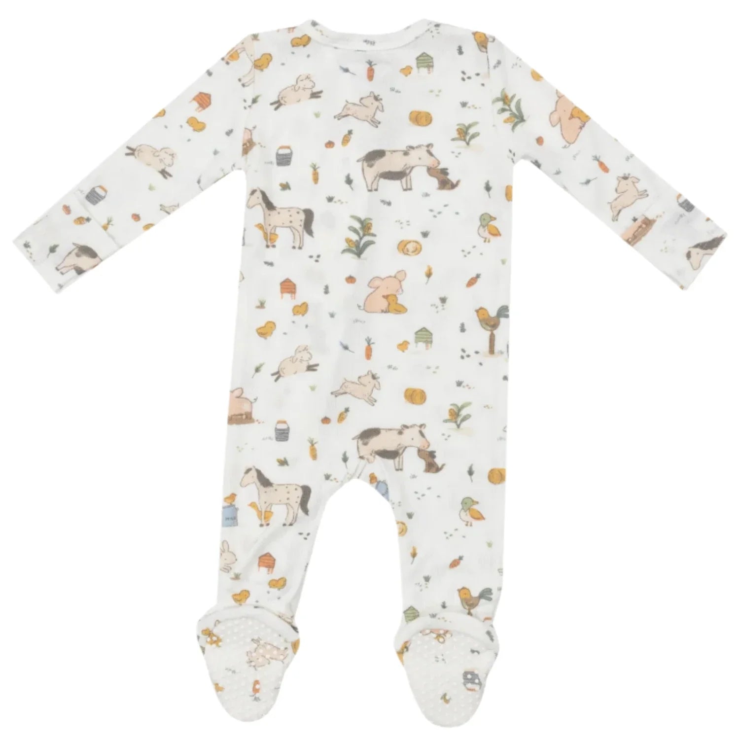 Introducing the Angel Dear Farm Babies 2-Way Zipper Footie, a white baby onesie made from bamboo fiber fabric and embellished with charming farm animals and plant patterns. Designed with long sleeves and footed bottoms, it offers both comfort and temperature regulation. Laid flat for easy viewing.