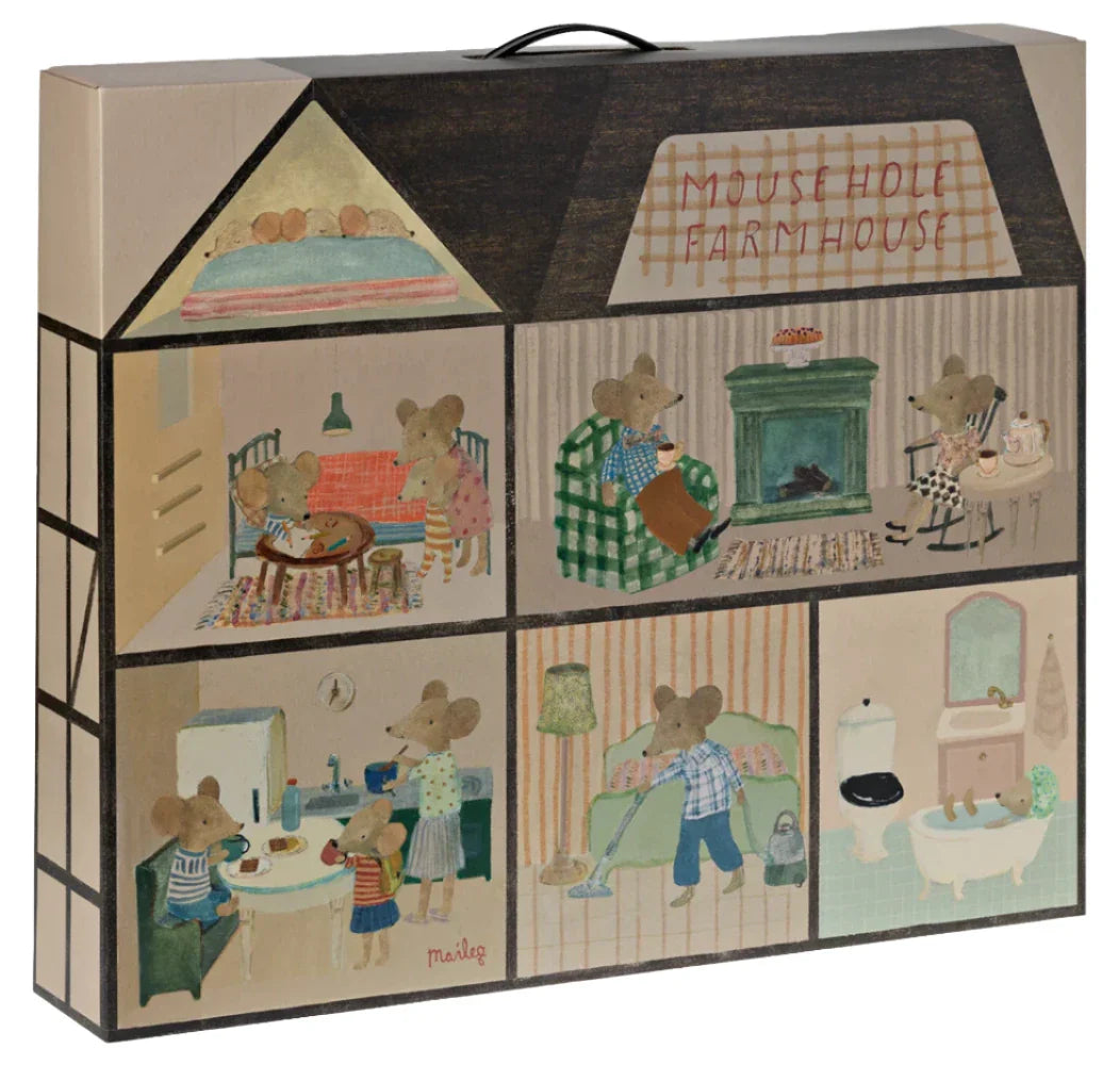 An illustrated box depicts various rooms and activities inside the "Maileg Mouse Hole Farmhouse" by Maileg. Mice are seen using miniature furniture while engaged in daily routines such as eating, cleaning, and bathing. The cozy setting is adorned with intricate wood details throughout this whimsical abode.