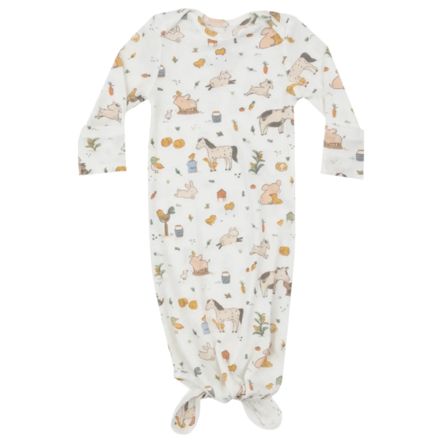 The Angel Dear Farm Babies Knotted Gown showcases delightful prints featuring farm animals and nature motifs, including cows, rabbits, and pumpkins. These knotted gowns are designed for easy diaper changes, making them a practical yet adorable addition to your baby's wardrobe.