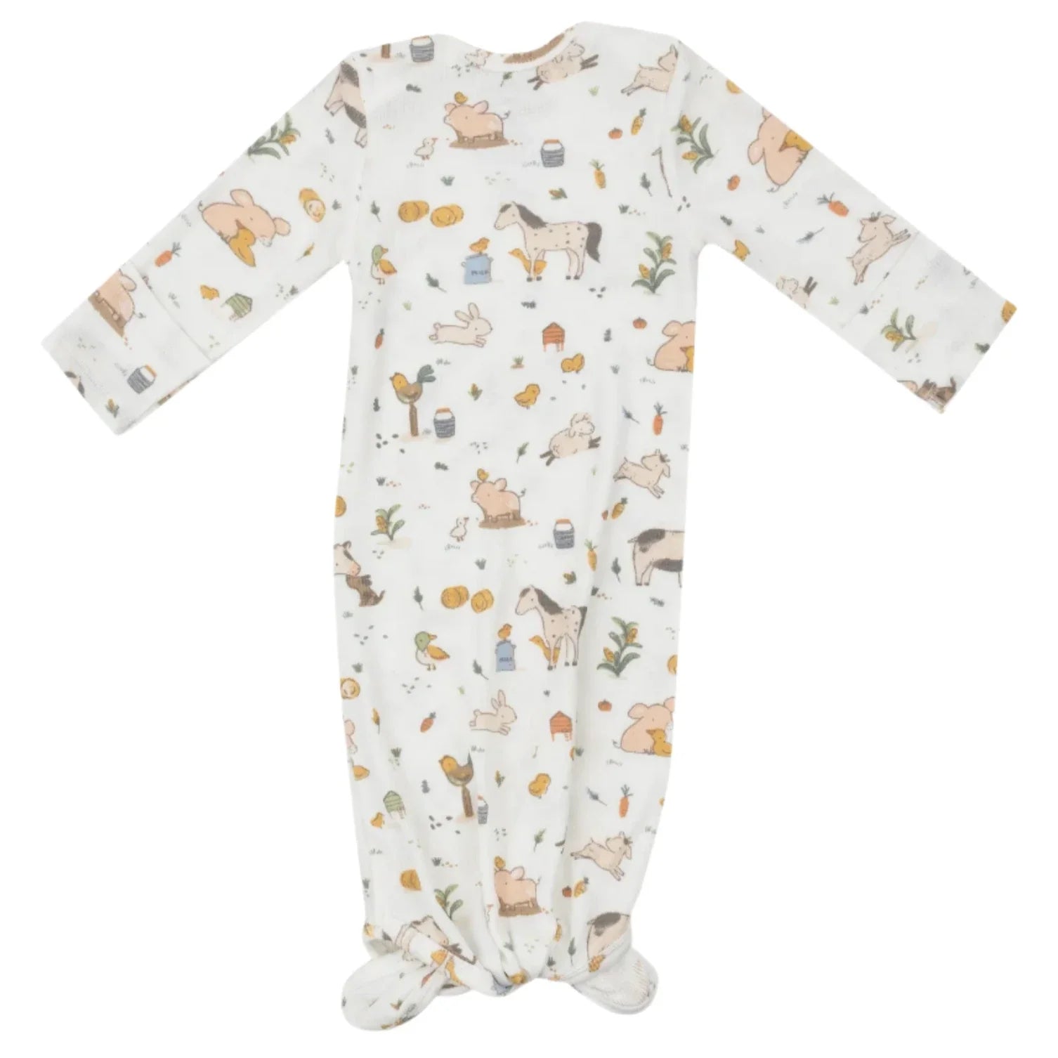 This Angel Dear Farm Babies Knotted Gown, adorned with an animal and nature-themed pattern, is ideal for quick diaper changes thanks to its convenient knotted bottom design.