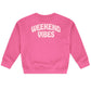 Feather 4 Arrow Baby Girls’ and Girls’ Weekend Sweatshirt in pink, featuring a trendy puff print “WEEKEND VIBES” on the back, displayed on a plain white background.