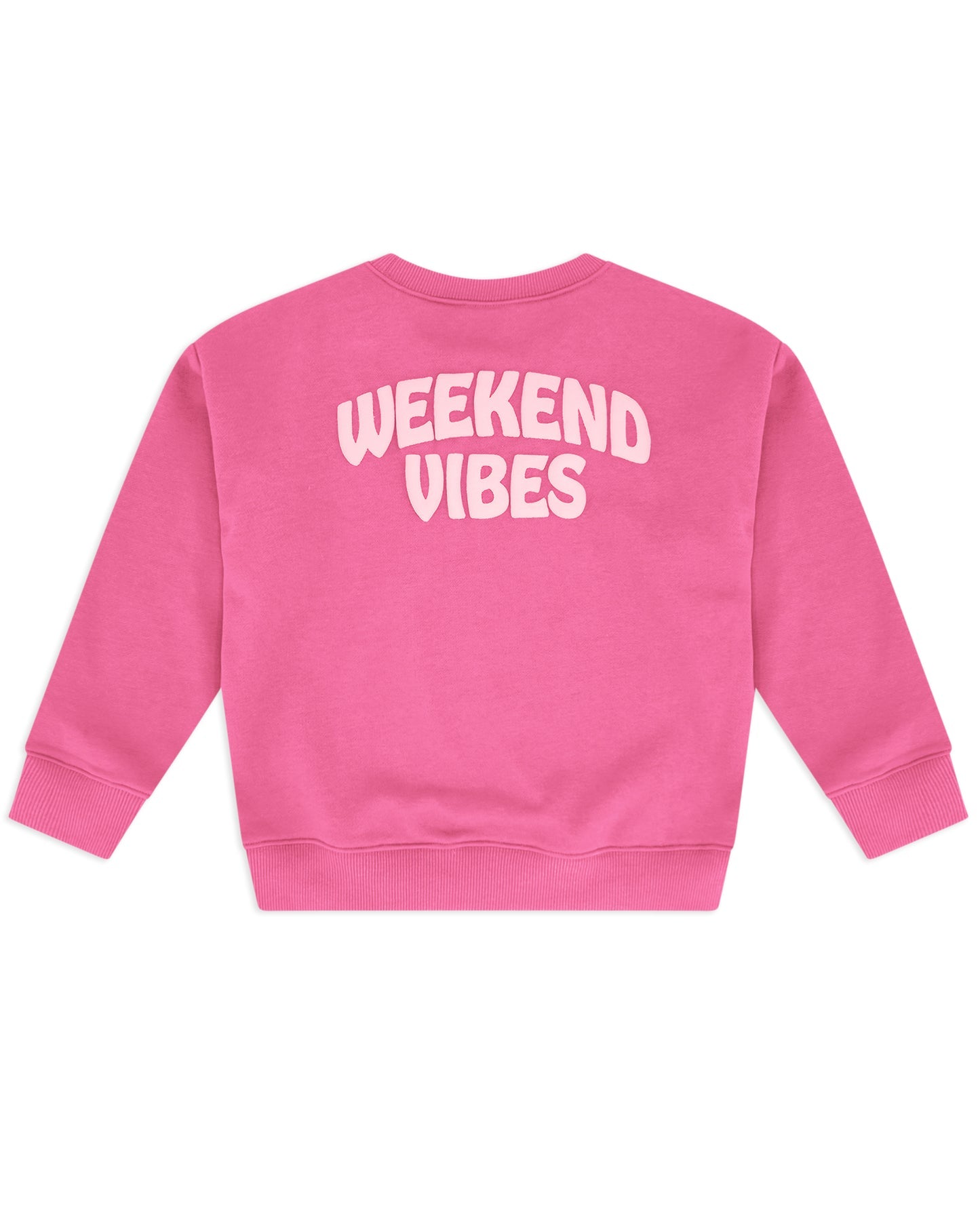 Feather 4 Arrow Baby Girls’ and Girls’ Weekend Sweatshirt in pink, featuring a trendy puff print “WEEKEND VIBES” on the back, displayed on a plain white background.
