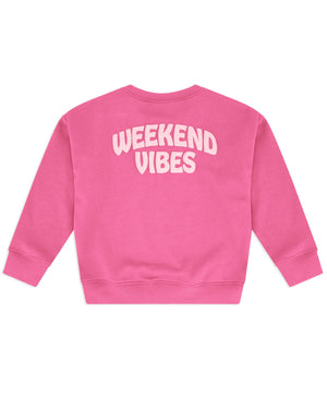 Feather 4 Arrow Baby Girls’ and Girls’ Weekend Sweatshirt in pink, featuring a trendy puff print “WEEKEND VIBES” on the back, displayed on a plain white background.